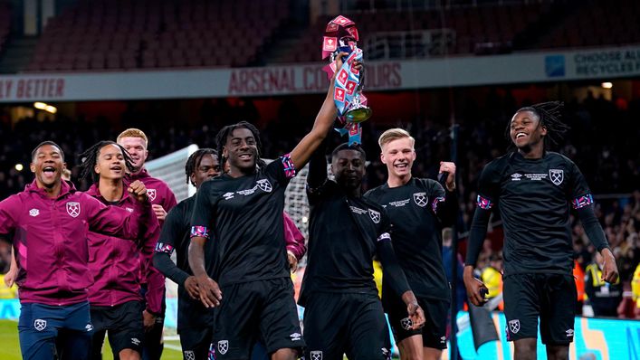 West Ham celebrate their 5-1 FA Youth Cup final win over Arsenal at the Emirates