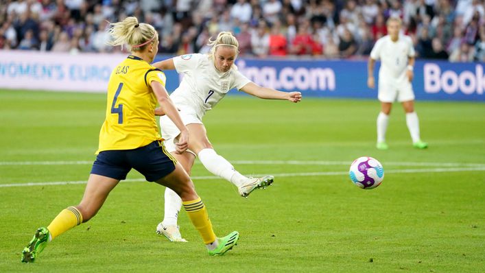 Beth Mead cracks home England's opening goal against Sweden