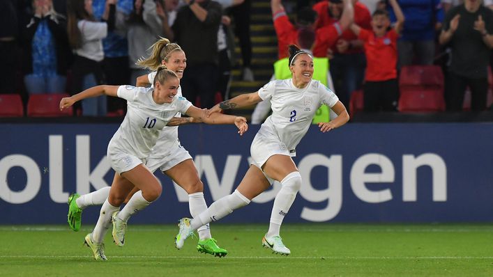 Delighted Lucy Bronze races away after doubling England's lead
