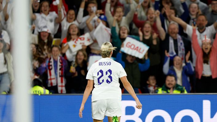 Alessia Russo races towards the stands to celebrate with the England faithful