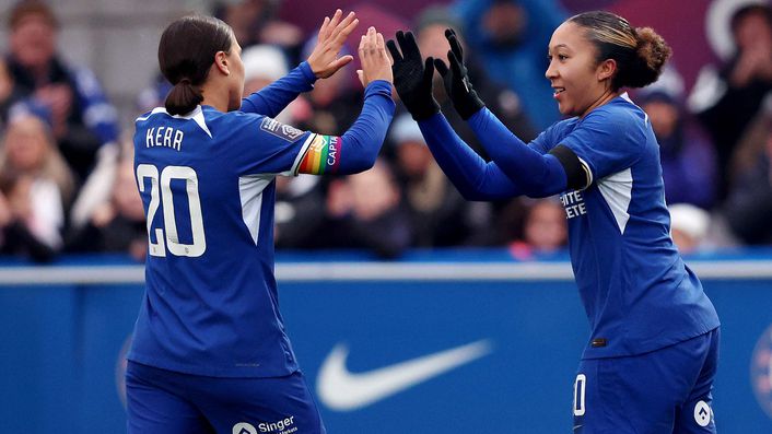 Sam Kerr and Lauren James celebrate Chelsea's victory