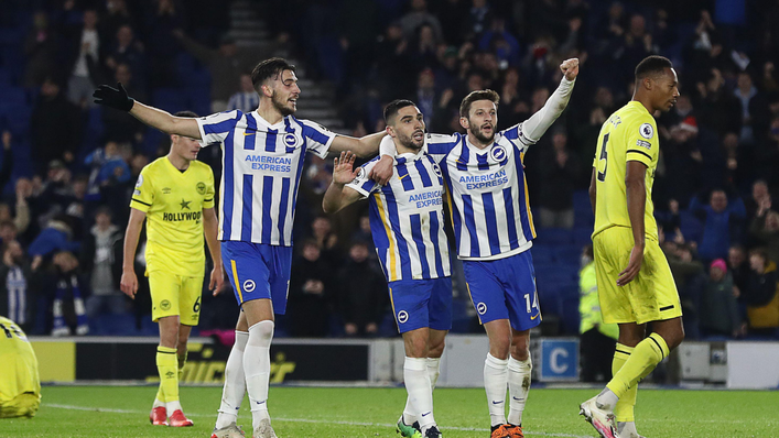 Neal Maupay celebrates his seventh league goal of the campaign