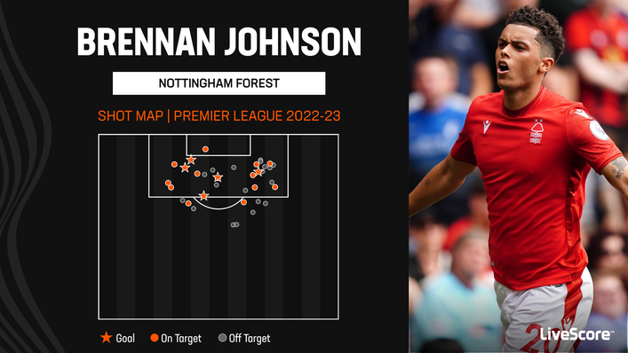 Brennan Johnson has scored five Premier League goals for Nottingham Forest this season