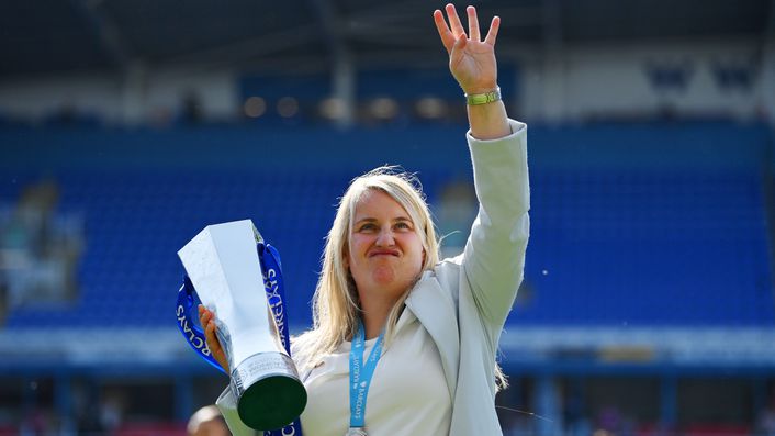 Emma Hayes celebrates with the Women's Super League trophy