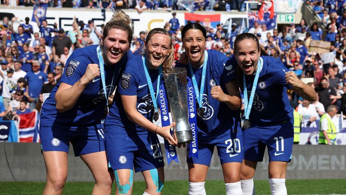 Millie Bright, Erin Cuthbert, Sam Kerr and Guro Reiten celebrate with the Women's Super League trophy