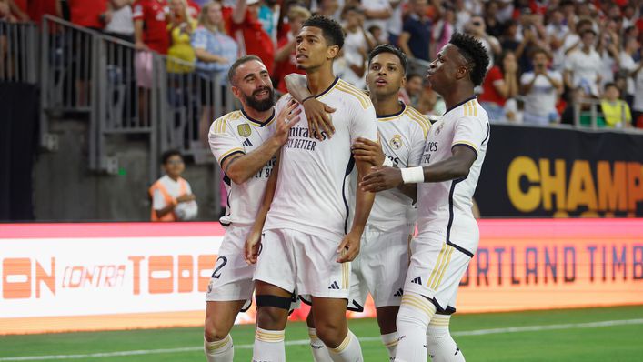 Jude Bellingham celebrates scoring against Manchester United in Houston