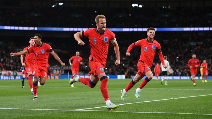 Harry Kane celebrates putting England 3-2 up against Germany last night