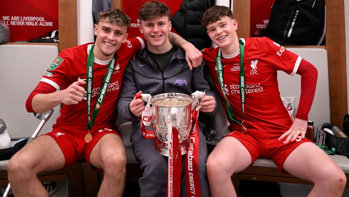 Ben Doak (centre) celebrated with his fellow Liverpool youngsters Bobby Clark and James McConnell