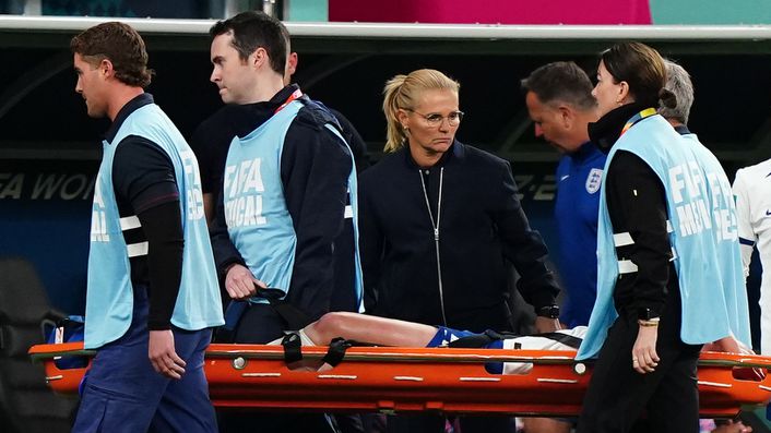 Sarina Wiegman watches as Keira Walsh leaves the field on a stretcher