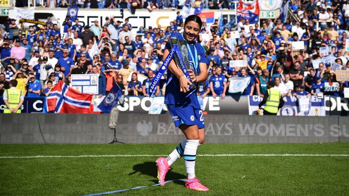 Chelsea striker Sam Kerr celebrated winning her fourth Women's Super League title in 2022-23