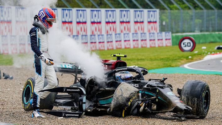 George Russell confronts Valtteri Bottas after their collision at Imola