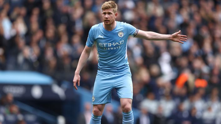 Kevin De Bruyne will be hoping to score in the Manchester derby on Sunday