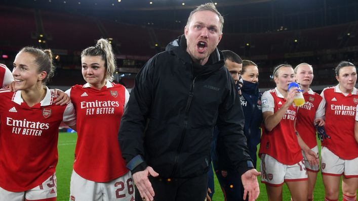 Jonas Eidevall joined his players on the pitch to celebrate last night