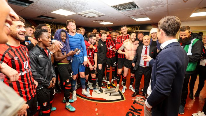 Scott Parker addresses his Bournemouth squad after securing promotion back in May