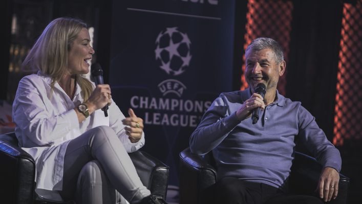 Emma Byrne and Denis Irwin speaking at LiveScore's Champions League fan event in Dublin