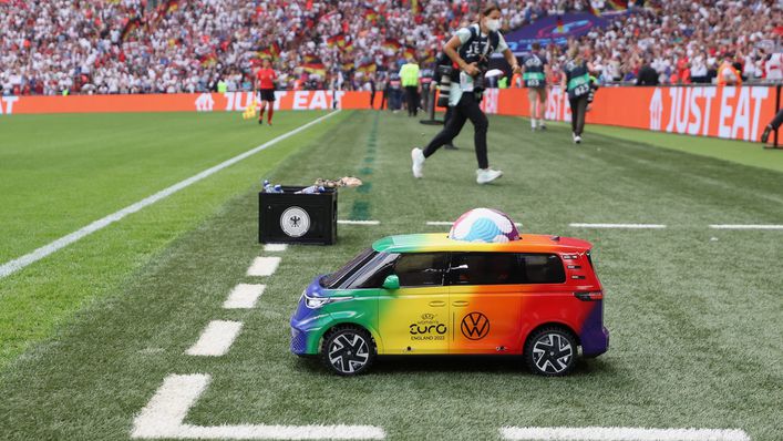 The official match ball takes to the pitch in a remote controlled car