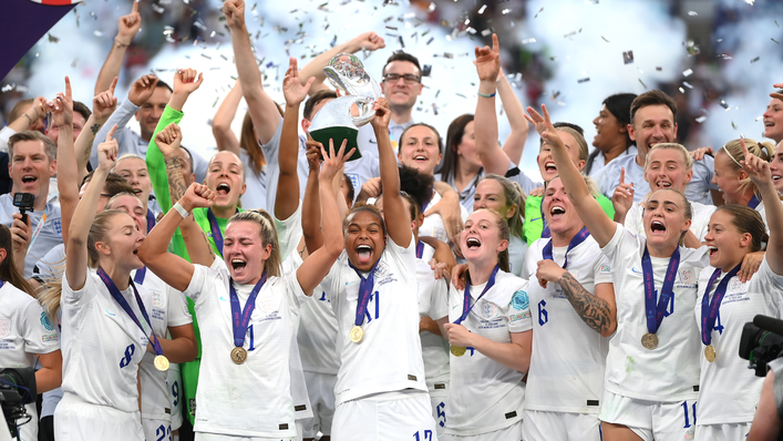 England lift the European Championship trophy at Wembley after beating Germany 2-1 in extra-time