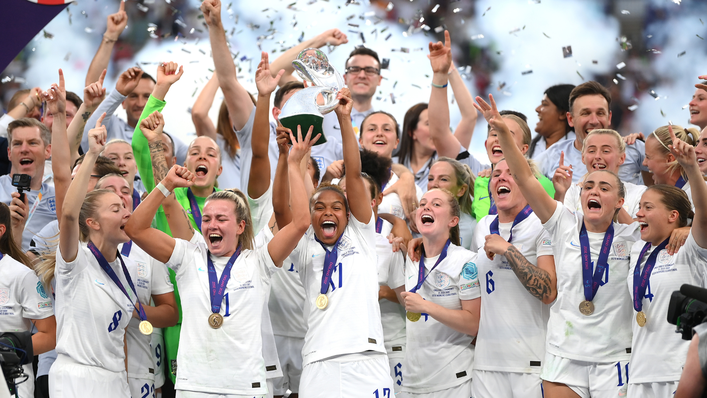 England lift the European Championship trophy at Wembley after beating Germany 2-1 in extra time