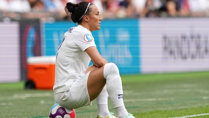 England defender Lucy Bronze grabs a breather during the first half