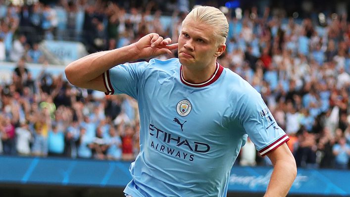 Erling Haaland celebrates one of his three goals against Crystal Palace